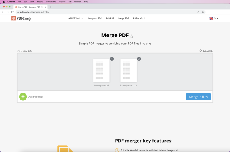 Combine PDF files on macOS online with PDF Candy