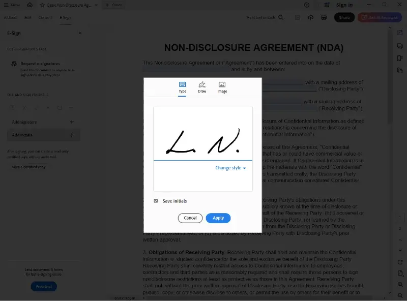Insert initials in PDF with Adobe Acrobat Reader