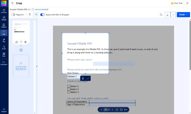 Using Smallpdf online PDF cropper