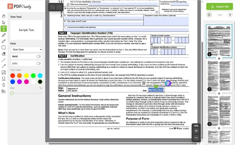 Adding W9 PDF date with PDF Candy