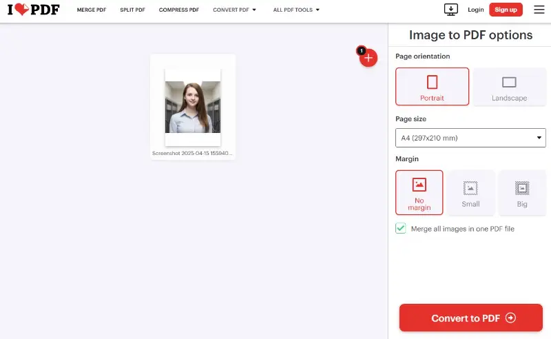 Convert image to PDF with iLovePDF website