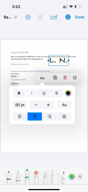 Insert initials in PDF with Markup on iOS