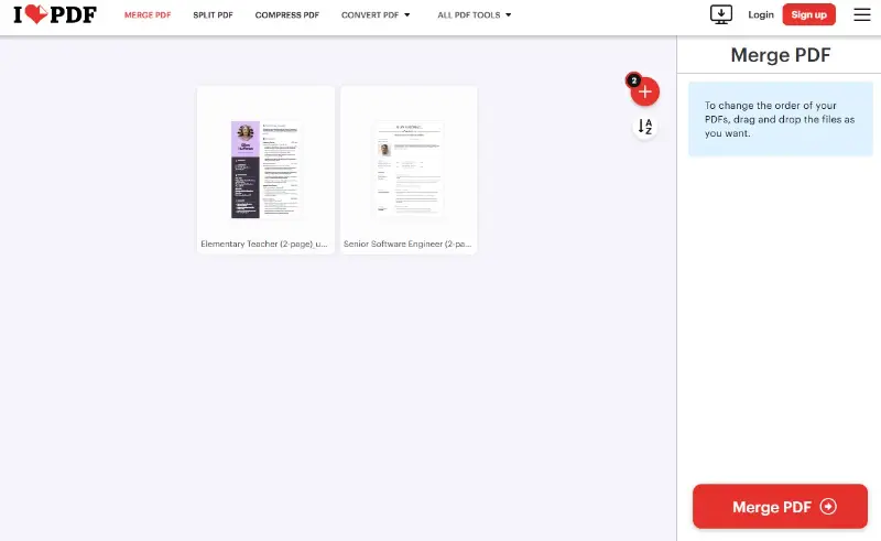 Online PDF combiner on iLovePDF website