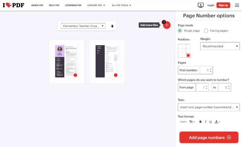 Adding page numbers to PDF online with iLovePDF