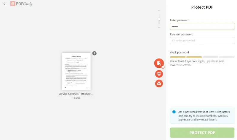 Password protect PDF online using PDF Candy
