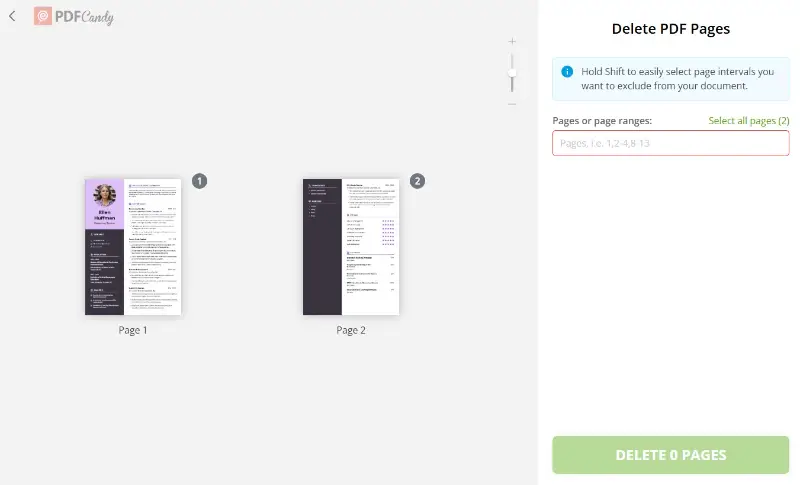 How to remove PDF pages online on PDF Candy website