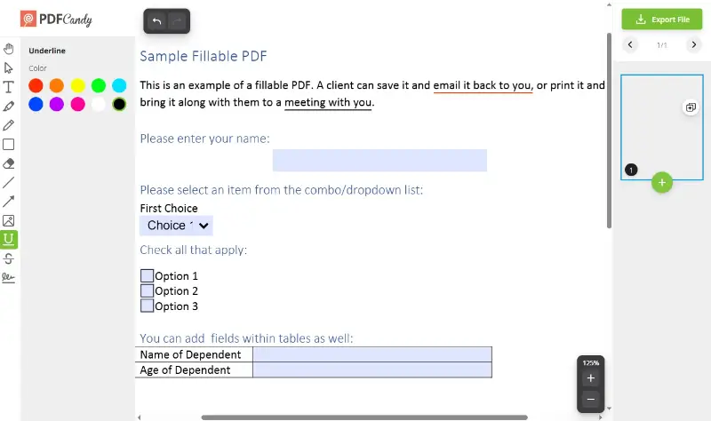How to underline text in PDF on PDF Candy website