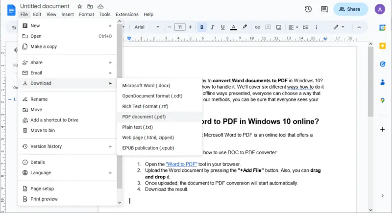 Convert Word document to PDF with Google Drive