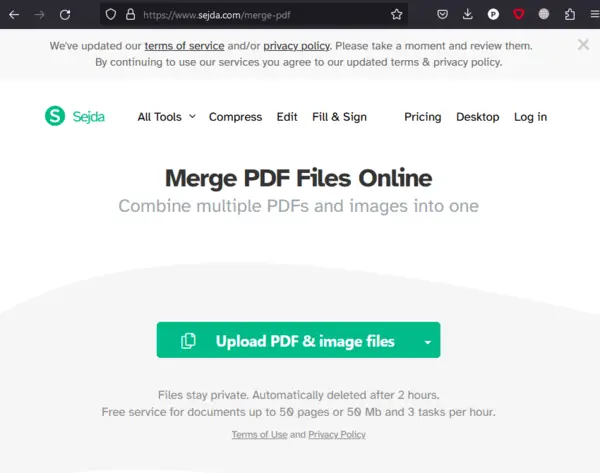 Sejda online PDF merger