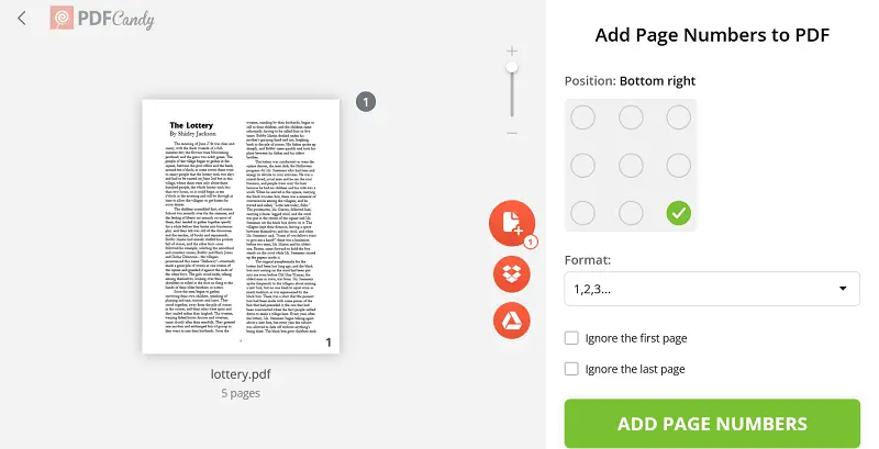 Online PDF page numbering on PDF Candy website