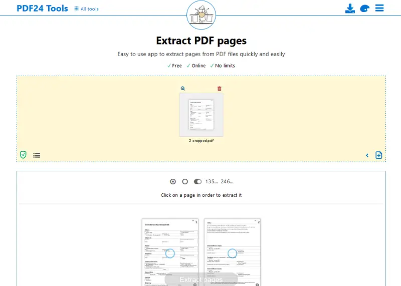 PDF24 Extractor's page preview