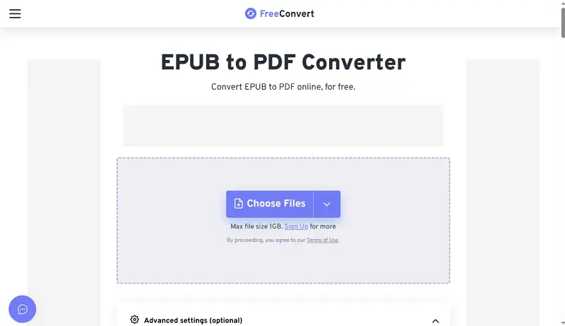 Free online eBook to PDF converter of FreeConvert website