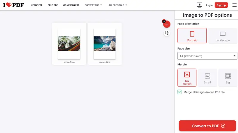 iLovePDF image to PDF converting options