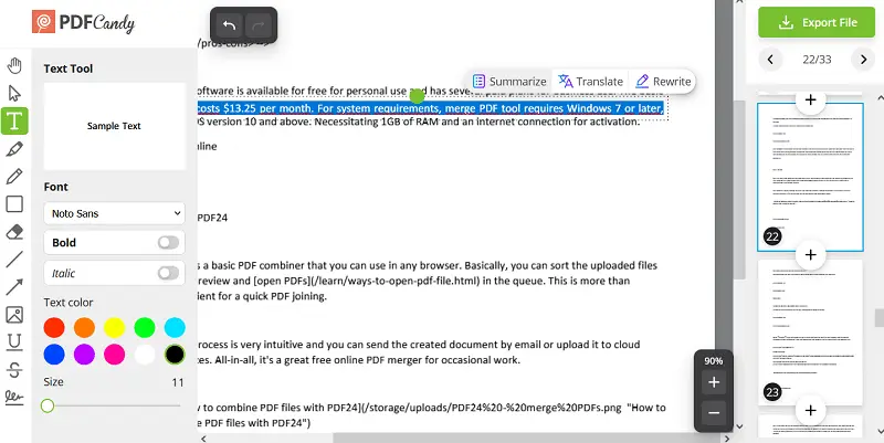 Summarize in PDF with AI tool available on PDF Candy website for free