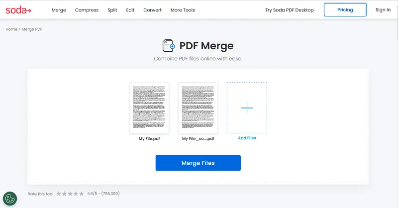 Online PDF combiner on SodaPDF website