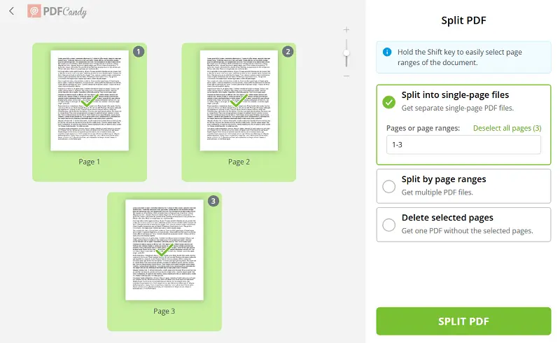 Split PDF online with PDF Candy