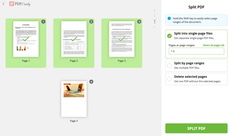 Split PDF into pages online with PDF Candy