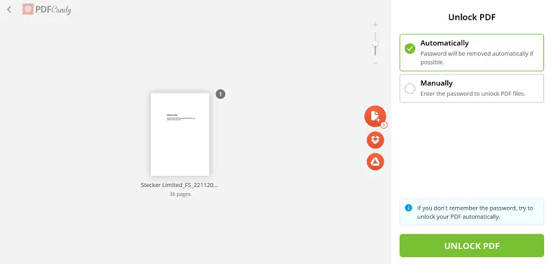 Unlock a  PDF online with PDF Candy
