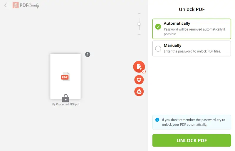Remove PDF password with PDF Candy