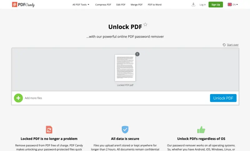 Remove PDF password with PDF Candy
